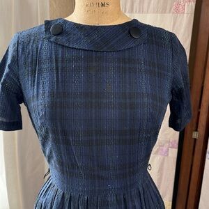 Vintage 1950s Kay Whitney Navy Textured Dress XS Small Full Skirt Rockabilly